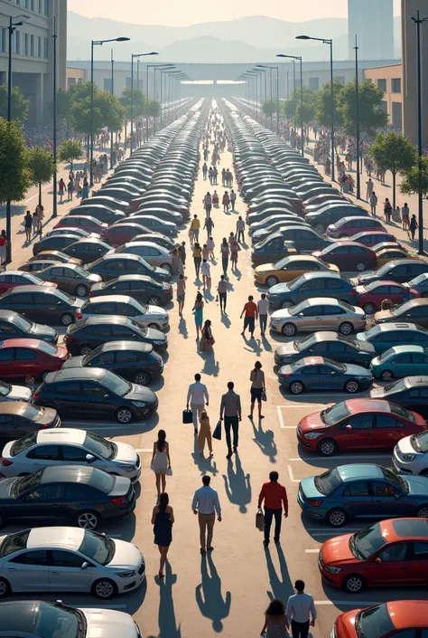 Car park in the parking lot of a mall with crowds of people all together