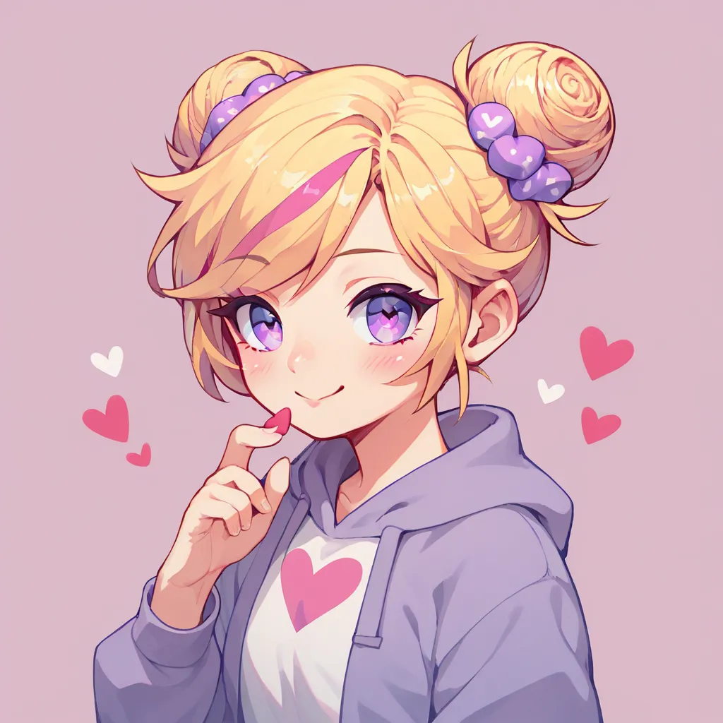 ((highest quality))), (simple background), solo, 1girl, purple eyes, blonde hair, heart hair bun, hair strand,