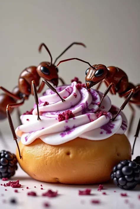 Mantou bread filled with milk cream with blackberry lines and big ass ants