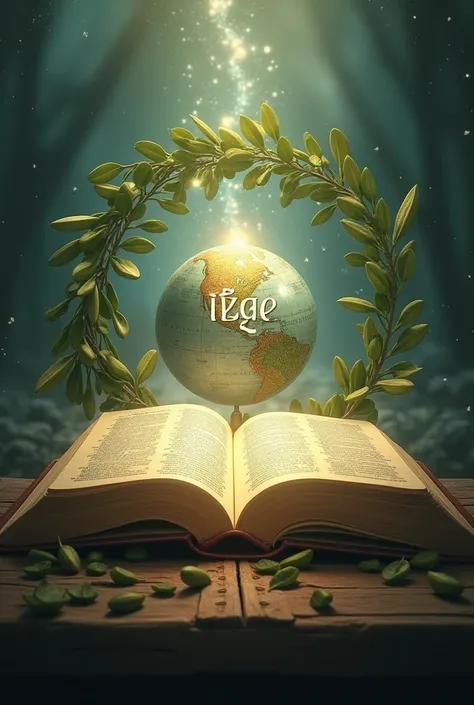  Create the image an open Bible ,  light emanating ,  a globe with  "IEGE "  in the center and surrounding bay leaves. 

