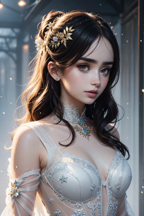 3D portrait Lily Collins, wearing ballerina transparent sexy costume, against the background of snow, 9 9 9 9 s, curly hair, intricate, elegant, highly detailed, digital painting, artstation, concept art, smooth, sharp focus, illustration, art by thomas ki...