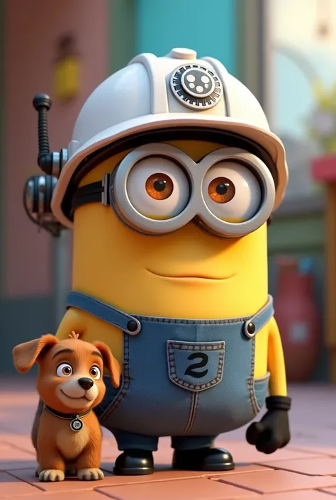 Animation Minion name is bob by Pixar, with engineer white helmet and his poochy 