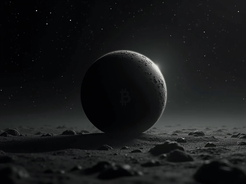  of the dark black planet in the center of the ，There is a small planet ， little planet with the Bitcoin logo