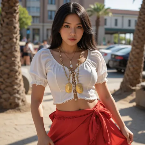 A gypsy with green eyes black hair, white blouse with gold medals and red skirt with ruffles, seashell necklaces.