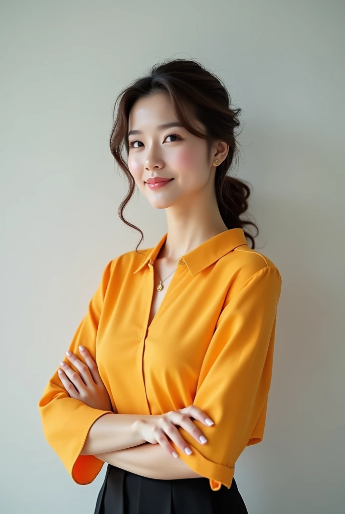 An innocent and intellectually looking Korean woman in her 30s wearing a brightly colored blouse has raised hair with natural wavy curls, and she has a clean vibe like the announcer.