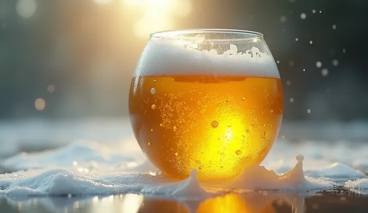 beer filled glass sphere with yellow bright beer liquid with beer bubbles and at the half of the screen pure white gloomy milk splashing around with electric malfunction  on tesla coil under grey clouds glooming after rain durin sun ray haze