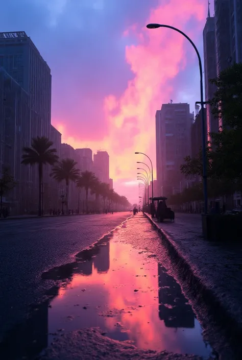 Early morning after an unpopular rain 、 A city lined with historic World Heritage buildings 、 puddles reflect the cityscape like a mirror、 Skyscrapers reflected on the surface of the water, sunset sky, and a big rainbow over the sky