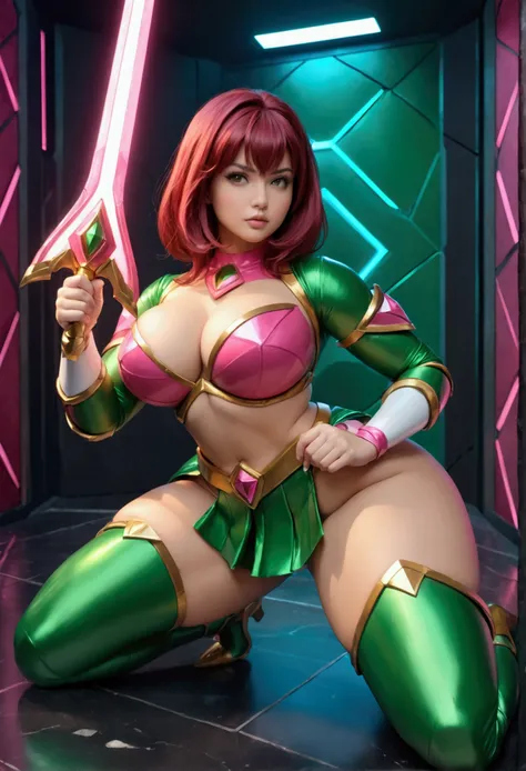 woman wearing sexy mobile legend hero armor, Pink Power Rangers theme, action pose with power sword, in a fantasy world, fantasy bokeh effect, cinematic light, realistic photography, wide angle shot, super realistic, real human, ig model, cutesexyrobutts, ...