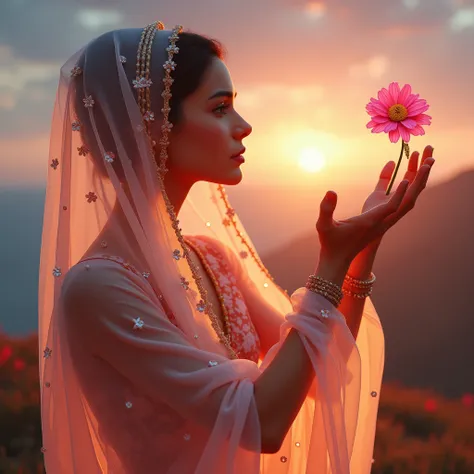 Create a high resolution and highly realistic image of the AI model reaching toward a holographic image of a sunrise or holding a pixelated flower.and her full  body (from head to toe) covered with sheffon(see through) dupatta 