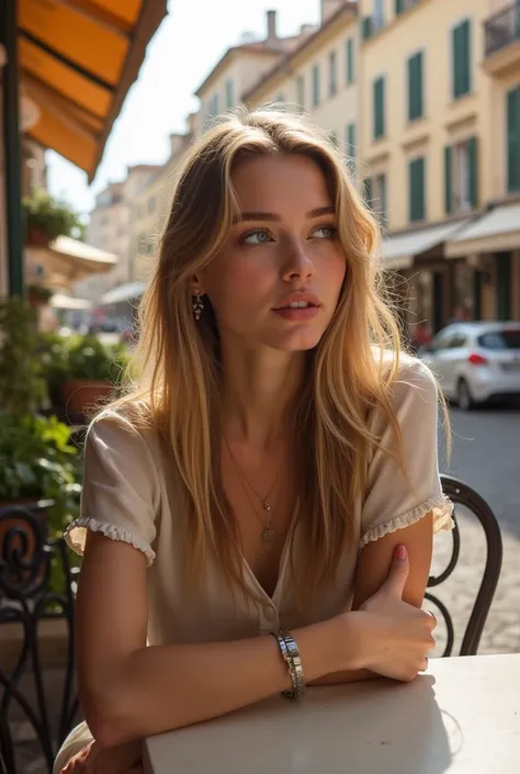 A pretty young woman realistic image in a café terrace with long, disheveled blond hair in the background of a realistic Montpellier city, photo realiste un peu flou , pas trop parfait 