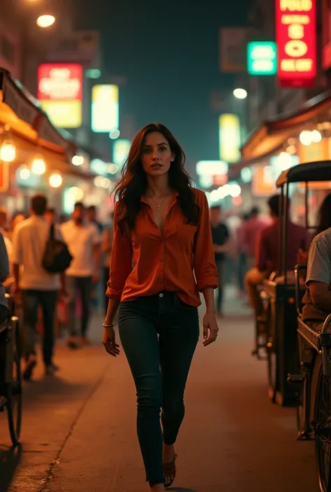 A Kat Dennings with a striking presence walks down a bustling Indian street at night. The scene is illuminated by warm, golden light from streetlamps and colorful neon signs advertising local shops and eateries. The air is filled with the aroma of street f...