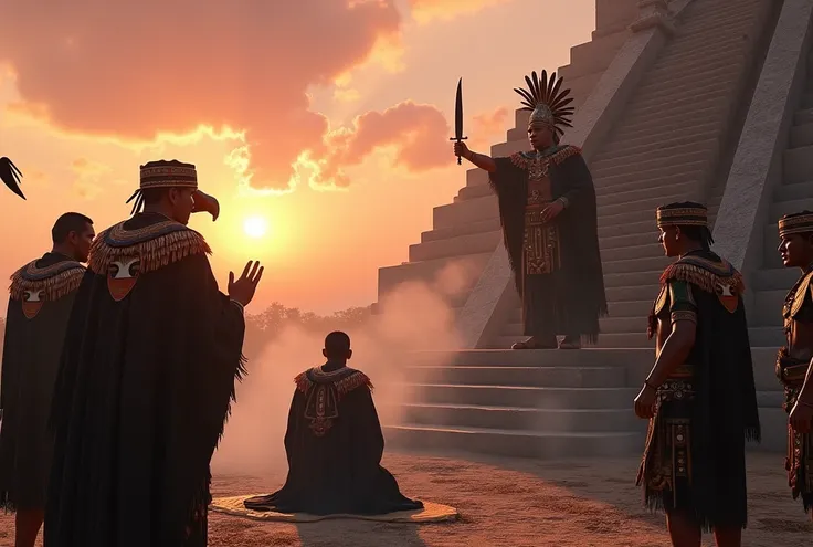 >  A hyperrealistic scene from the preamble of a human sacrifice on top of the Main Temple, In 1500 . Aztec priests with solemn expressions wear decorated black robes ,  wearing plumes with quetzal feathers and the clothing of a jaguar and eagle warrior , ...