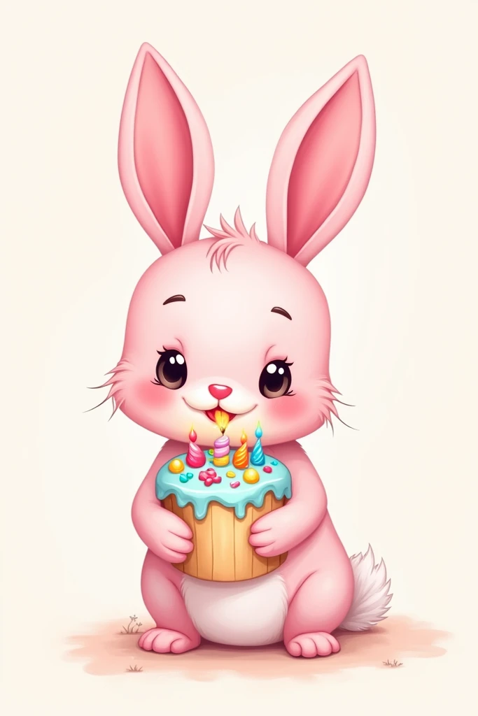 Baby cute pink rabbit clutching a cake coloring page 