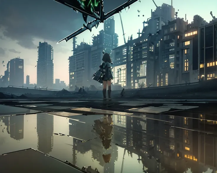 Photorealistic, ruined futuristic City (reflected:2) in toxic lake, green fog drifting over the surface of the lake, (one) girl in ragged clothes wades in the lake in the left foreground