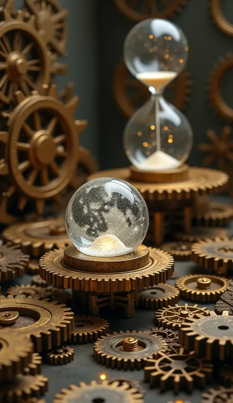 Prompt for the image:

A surreal, steampunk-inspired scene filled with multiple interconnected gears of varying sizes, all intricately meshing together in perfect synchronization. The gears are made of polished brass, some worn with age, others gleaming wi...