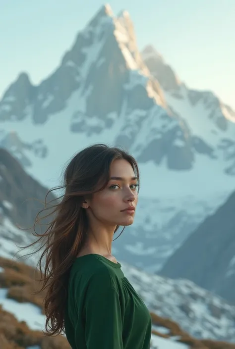  Mountains with snow .  A woman with brown hair and green eyes should be watching in half the background.  Perhaps thoughtful with some connection to music /  violin or something 
Green top but not a dress . Far away in the mountains .  Beinge igendwelxhe ...