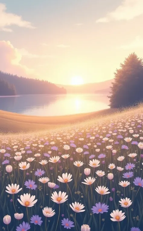  porn movie . realistic.vast field, with mixed white and lilac flowers ,  a lake in the background and the sun setting on the horizon,  should give off a sense of comfort 