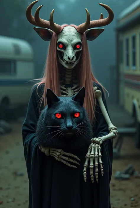 A surreal claymation-style visual featuring a biracial Blasian monk woman, 29 years old, transformed into a skeleton minotaur demon creature. She has a deer skull head with extremely long straight hair highlighted in pinkish tones and patches of black cat-...