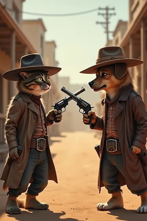 an Old West-style cat with 2 guns in his hand versus a dog wearing Old West-style attire with his 2 guns about to fight a duel 