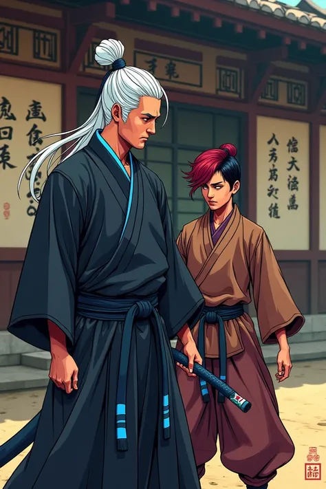 In ancient Japan, there was a young samurai named Iyshan who studied with a legendary master named Sensei Takeshi. comic style 90s style

SENSEI TAKESHI WEARS DOJO BLACK UNIFORM WITH BLUE ACCENTS DARK WHITE HAIR, WITH A STRIPED SKY BLUE LINE

IYSHAN WAS WE...