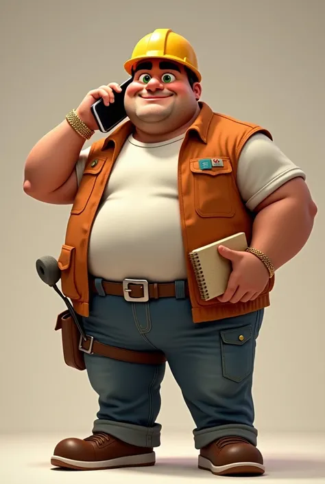  Pixar-style poster of a 30-year-old man with a round face and thick build, black eyebrows,  green eyes, That he has an engineers helmet,  your right hand has a thin gold bracelet and a note board , your left hand a cell phone attached to your ear , sports...