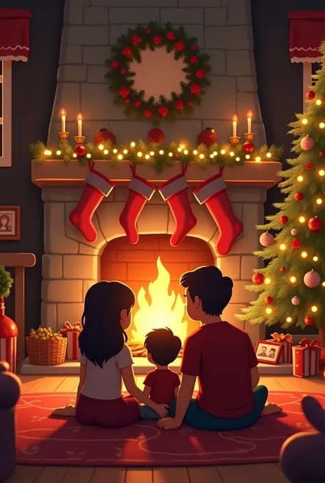 Please make a Christmas background at home that on the fireplace above says Arteaga Escorcha family that mom, dad and ren are watching the fireplace