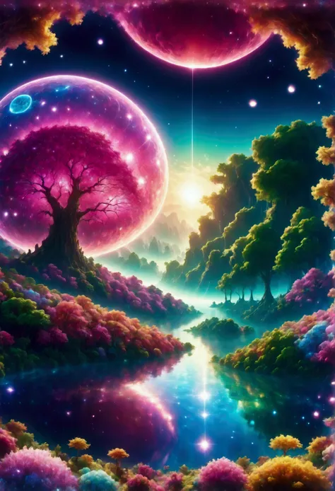 (((masterpiece))) ((( best quality))) Glass sphere, close-up of a Planet with a bunch of trees on it, overgrown Planet, green Planet, Fractal World, A lush world of fantasy, fantasy Planet, Dyson sphere, pink Planet, 3D rendering beep, Planetary landscape,...