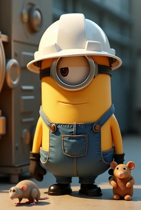 Minion named Bob from Pixar doing an inspection with a white helmet accompanied by his rat and stuffed animal