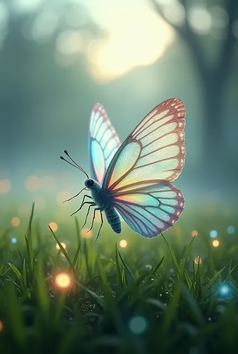 "A photorealistic image of a delicate, translucent butterfly with wings that resemble shimmering crystal, hovering gracefully above a mist-covered meadow. The butterfly’s wings refract light into subtle rainbows, casting soft, colorful glows onto the dew-k...