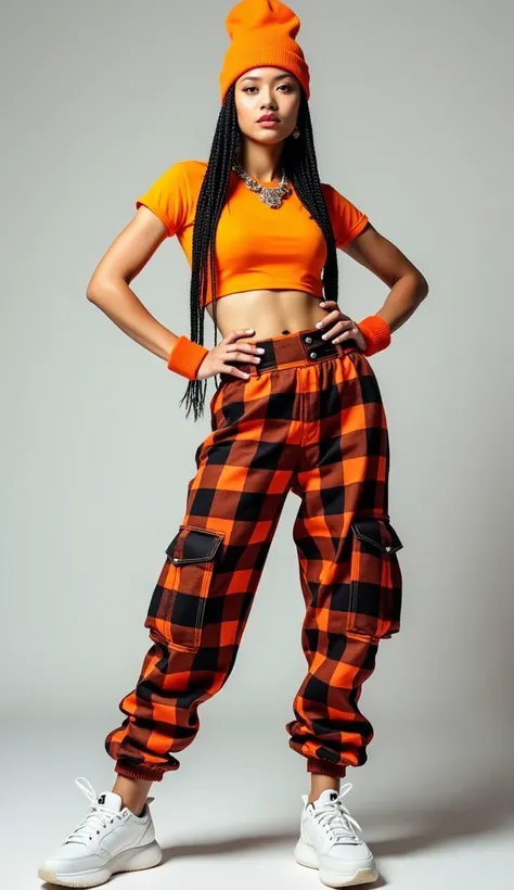 A very elegant young white Asian woman posing confidently in a vibrant urban outfit. She wears a bright orange crop top paired with plaid-print cargo pants with black mesh overlays. Her accessories include a matching orange hat and wristbands, along with a...