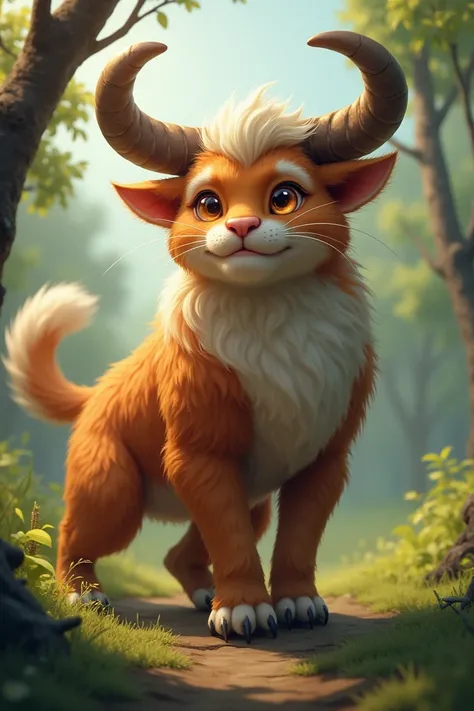  Imagine a mystical creature that is a fusion of a cat and an ox .  It has the muscular and imposing body of an ox ,  with soft, fuzzy fur ,  typical of a cat ,  covering parts of its body .  Your head mixes feline and bovine features ,  with pointed ears ...