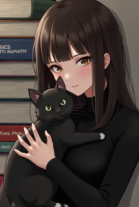  Girl with straight dark brown hair just below her chest without bangs and blue eyes,  is held by a black cat with white hind legs and pale green eyes , near physics and math textbooks . she is a more adult . she doesnt have bangs on her forehead ,  straig...