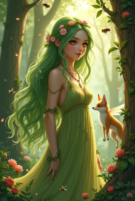 Magic girl with long green hair and brown eyes. She work with trees and bees. Have fox spirit.