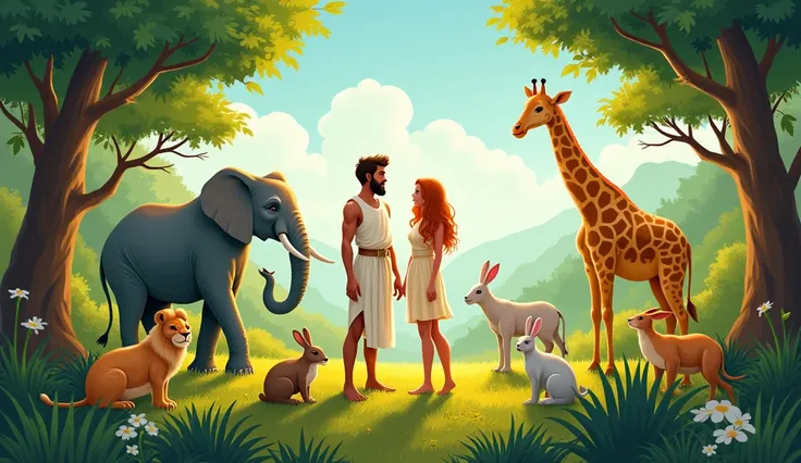  Illustrate a natural landscape filled with animals ,  like lions , elephants, rabbits and giraffes , living together in harmony . In the center of the scene,  place Adam and Eve ,  in a happy and friendly posture ,  surrounded by animals and vibrant veget...