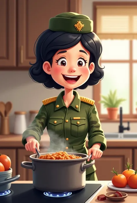 Cartoon of a black-haired grandmother cooking dressed in a happy army uniform and stirring the pot on the stove