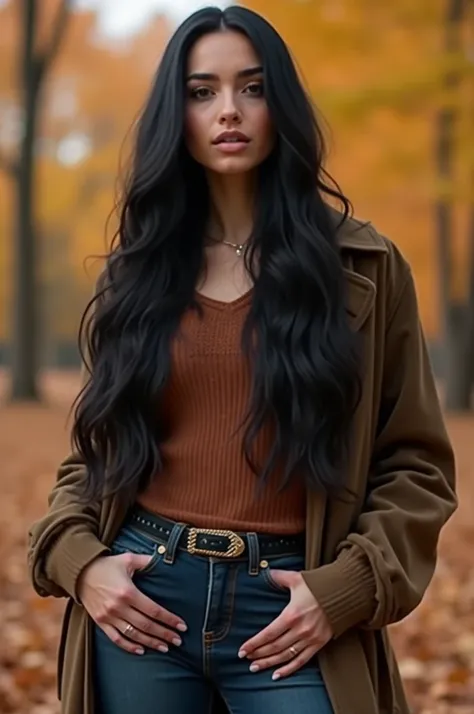 instagram model, long black hair, big , beautiful fall outfit , inside, 