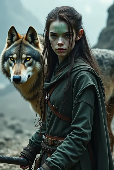  girl with an elongated face, gray eyes, long dark brown hair, very pale green, dirty face, holding a sword with a thin blade with a giant wolf with gray fur and yellow eyes, Game of Thrones style 