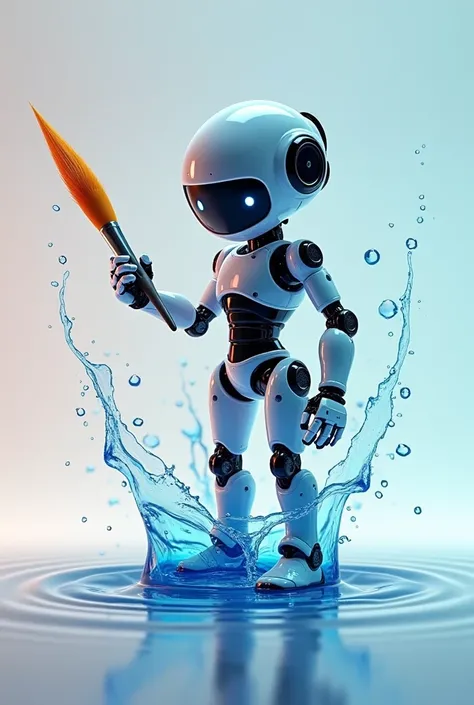 Create an animated robot logo with a brush filled with waterproofing agent and small drops of water