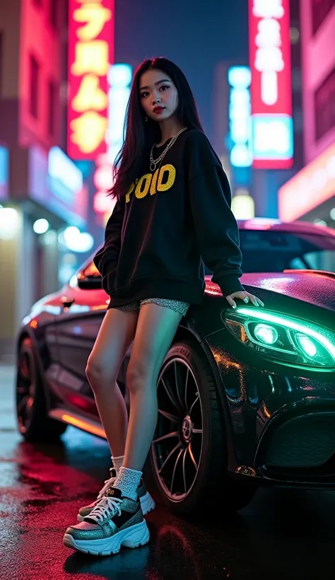 "A stylish, Bratz doll-inspired South Korean girl standing confidently on a vibrant urban street at night, surrounded by neon-lit buildings. Her doll-like features include flawless porcelain skin, large almond-shaped eyes with dramatic lashes, and glossy l...