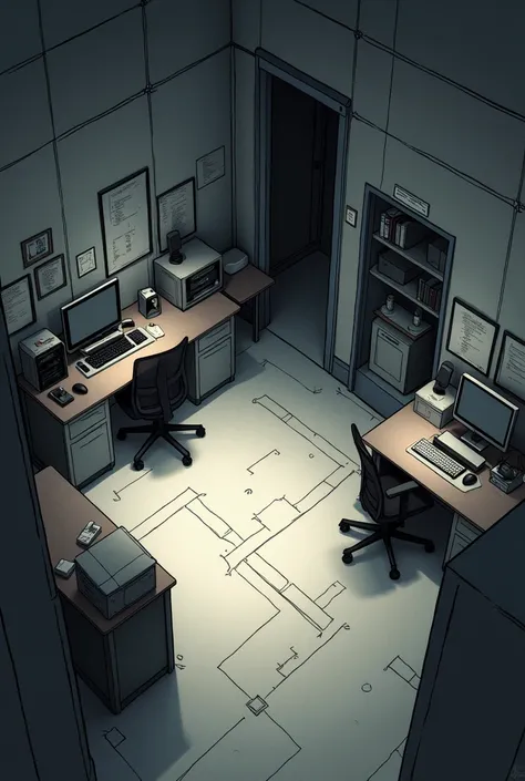 Make a sketch on a drawing-like plan of an orderly office highlighting a dark atmosphere 