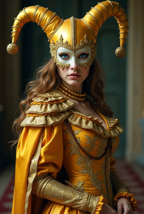 
a woman in a gold costume and mask posing for a photo, (tom cruise!!!!!) jester costume, court jester in renaissance era, wearing gold armor, male jester, wearing golden armor, wearing gilded robes, gold clothes, gilded outfit, gold suit, from commedia de...