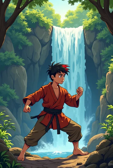 Iyshan decided to train ALONE WITHOUT HIS SENSEI in a quiet forest. While training, he discovered a hidden cave
behind a waterfall.. comic style 90s style. DONT PUT SENSEI WHO HAS WHITE HAIR IN THE PICTURE

SENSEI TAKESHI WEARS DOJO BLACK UNIFORM WITH BLUE...