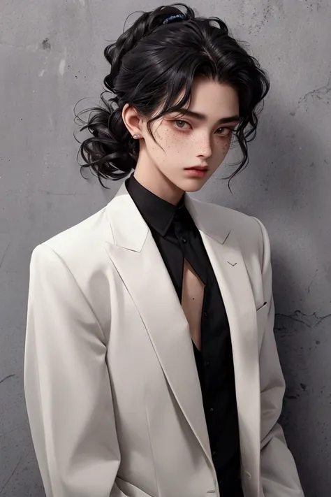 a half-length image of a 20-year-old boy , androgynous, dressed in clothing to go out , messy black wavy hair up to the shoulders, with freckles on his face, BEAUTIFUL FACTIONS, grey eyes, good body,  neutral expression, Wolfcut, sharp features.
