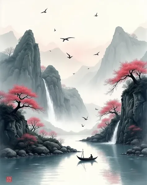 Most of the middle and top of the picture is left white, and the bottom bottom is ink landscape painting, typical ink painting style. The mountain love is layered far and near, shrouded in mist, with a distant mood. The waterfall pours down from the mounta...