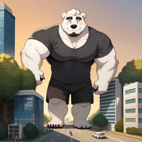 Scribble polar bear face,Fuzzy(polar bear),(  black casual clothes :1.3),pummelig,(  black eyebrows :1.1),(perfect eyes),  white fur  ，（artist:takemoto arashi），garden，（black shorts:1.3），paw，（  Black beard  :1.3）, polar bear(Massiv:3.0, (  heavyweight ,star...