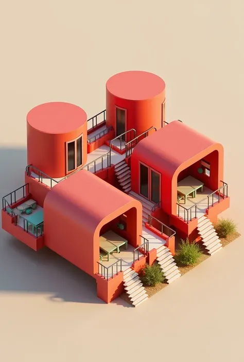 
 Photorealistic image of a cylinder-shaped group of modern two-storey buildings, compact ,  located not close to each other .  Red buildings ,  beige and green tables , with stairs. Ground floor with bed ,  and first floor with table .  This vacation buil...