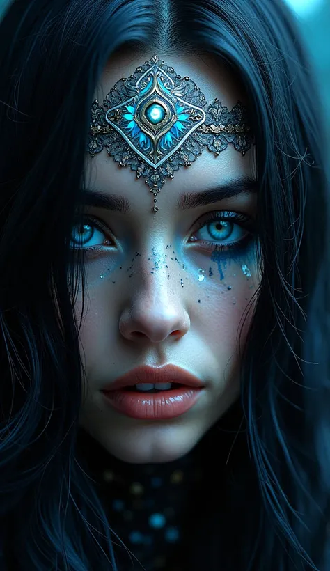  ultra-detailed artistic abstract beautiful native woman with long black hair,  magic with biology luminescent filigree ,  geometric photography ,  32k trendy abstract poster , detailed symmetric blue iris,  artist Russ Millss natural body pose ,  art by A...