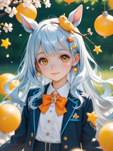 1 girl, Long hair,  with horse hair,  light blue hair ,  best quality ,  protagonist , cute, Young girl, Japanese anime picture , , stick a star-shaped hairpin on the head, cheerful,  yellow-orange eyes, 18+, bright, White suit, shy, Celebration Day