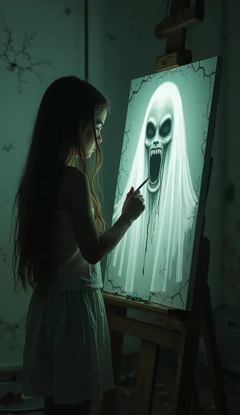 A hyper-realistic depiction of an artist sketching a hauntingly eerie scene. The artist, a young girl in a standing position, intensely focuses on a canvas in front of her. Her delicate hands clutch a pencil as she draws the chilling image of a danger ghos...