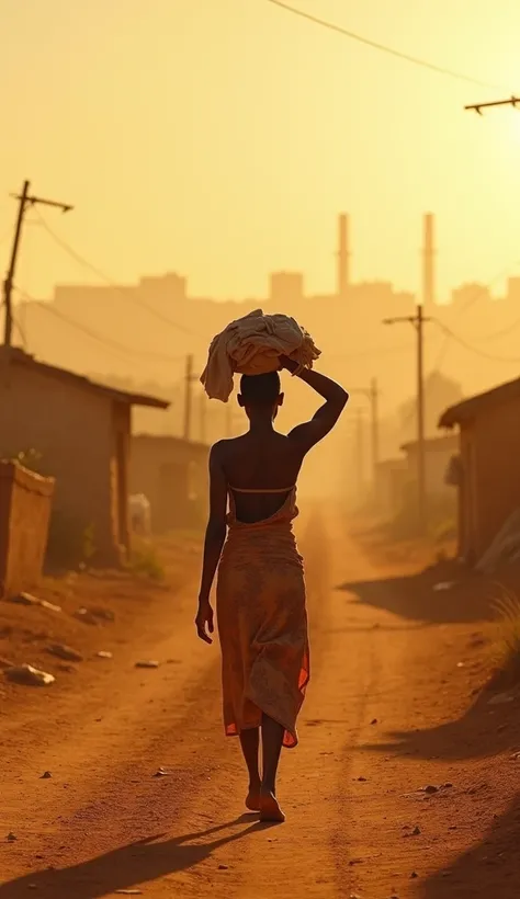 A dusty road leading away from the African village, with Amina, carrying a small bundle of clothes on her head, walking alone under the blazing sun. She looks determined despite her worn clothes and bare feet. In the distance, the silhouette of a bustling ...